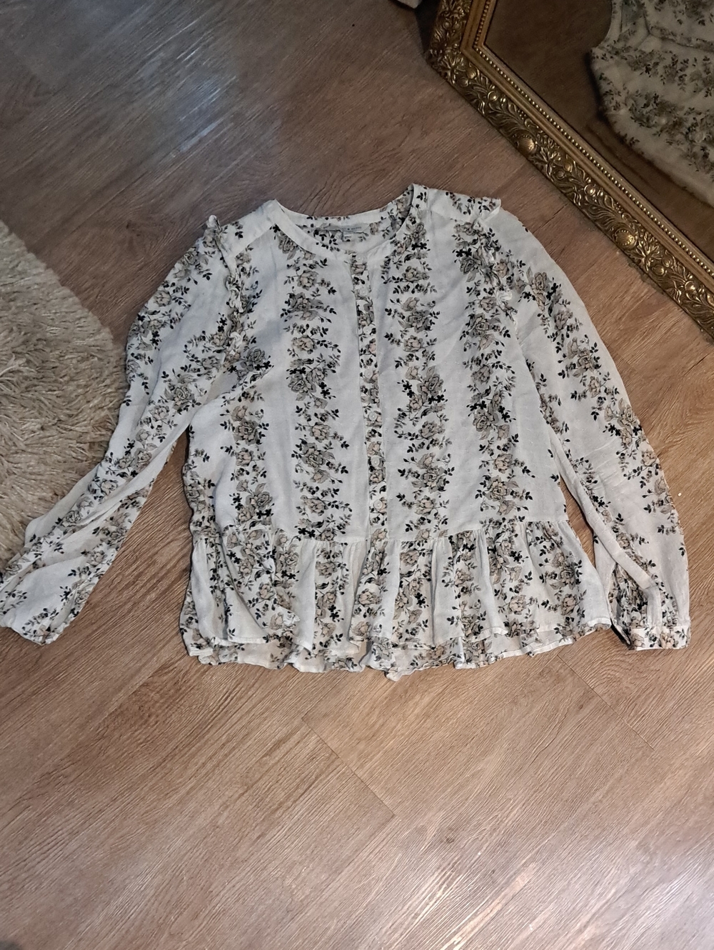 Lucky Brand Cream Blouse with Black & Olive Floral Pattern